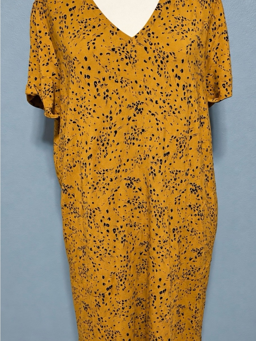 Garnet Hill Mustard Animal Print Tencel Midi Dress V Neck Pockets Boho Large
